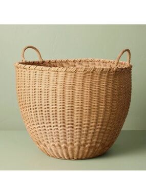 Large Round Woven Rattan Storage Basket with Handles - Hearth & Hand NEW